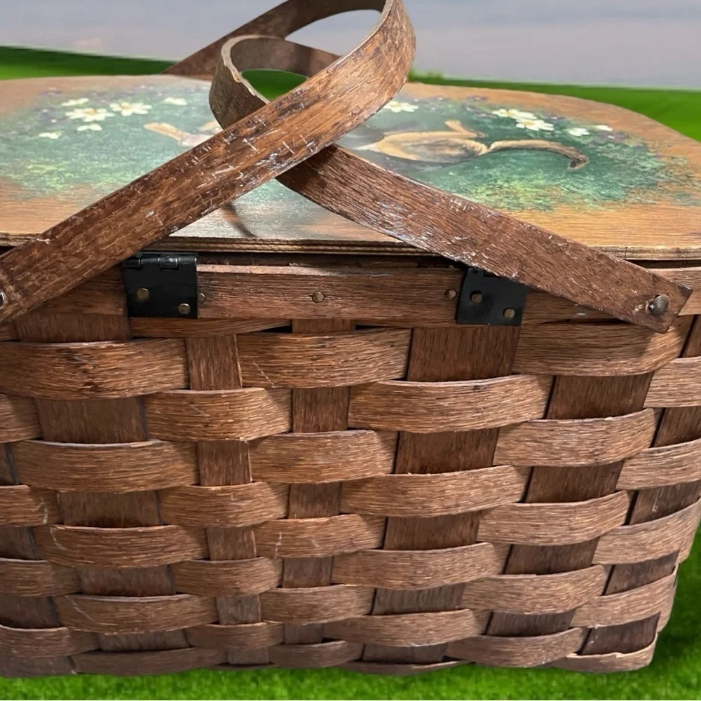 Putney Basketville Vermont Picnic Basket Custom Dog Cat Vigna Painting Vintage